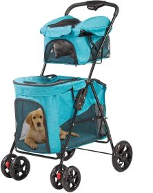 Portable Folding Dog Stroller Travel Cage Stroller for Pet Cat Kitten Puppy Carriages - Large 4 Wheels Elite Jogger  - Blue