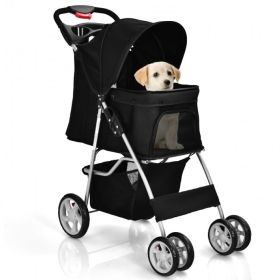 Simple Desight Foldable 4-Wheel Pet Stroller With Storage Basket - black - Pets