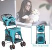 Portable Folding Dog Stroller Travel Cage Stroller for Pet Cat Kitten Puppy Carriages - Large 4 Wheels Elite Jogger  - Blue